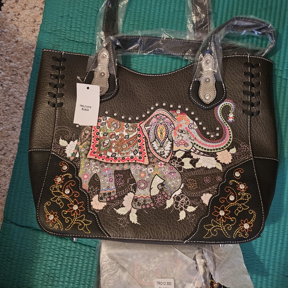 Embroidered Elephant Black Tote Bag